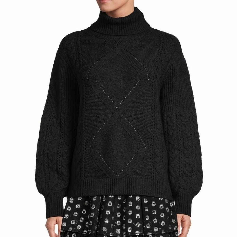 a Loves a Turtleneck Pom-Pom Puff Sleeve Sweater In Black Size Small